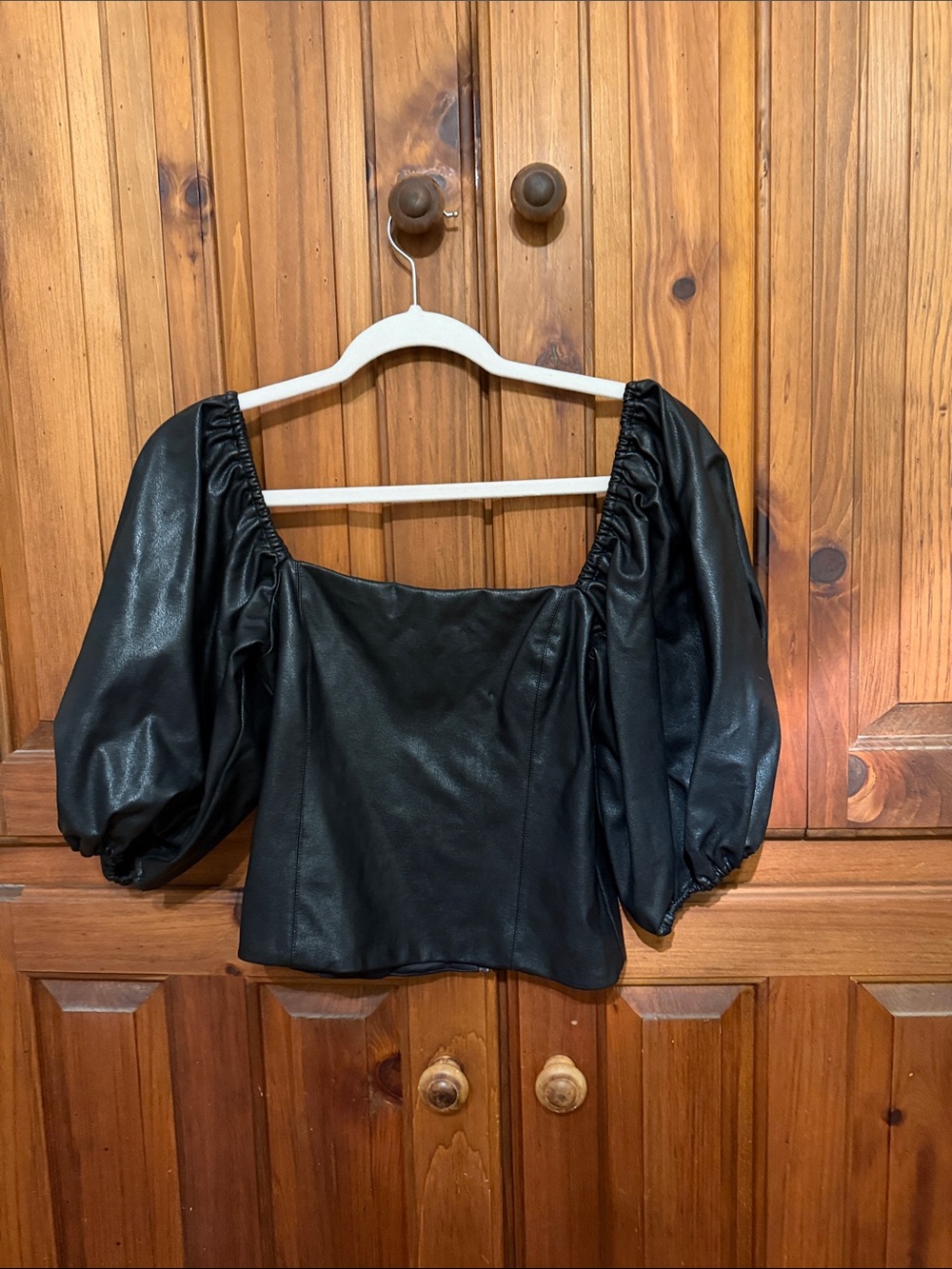 Amanda Uprichard Black Puff Sleeve Faux Leather Square Neck Top